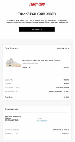 Flight Club receipt example